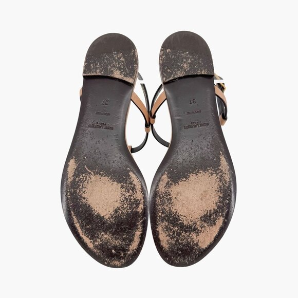 Saint Laurent Cassandra YSL T-Strap Flat Sandals Tan Leather Size 37 US 7 Women - Picture 13 of 15
